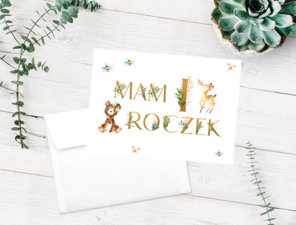 Zaproszenie na Roczek: leśne zwierzaki i złote litery