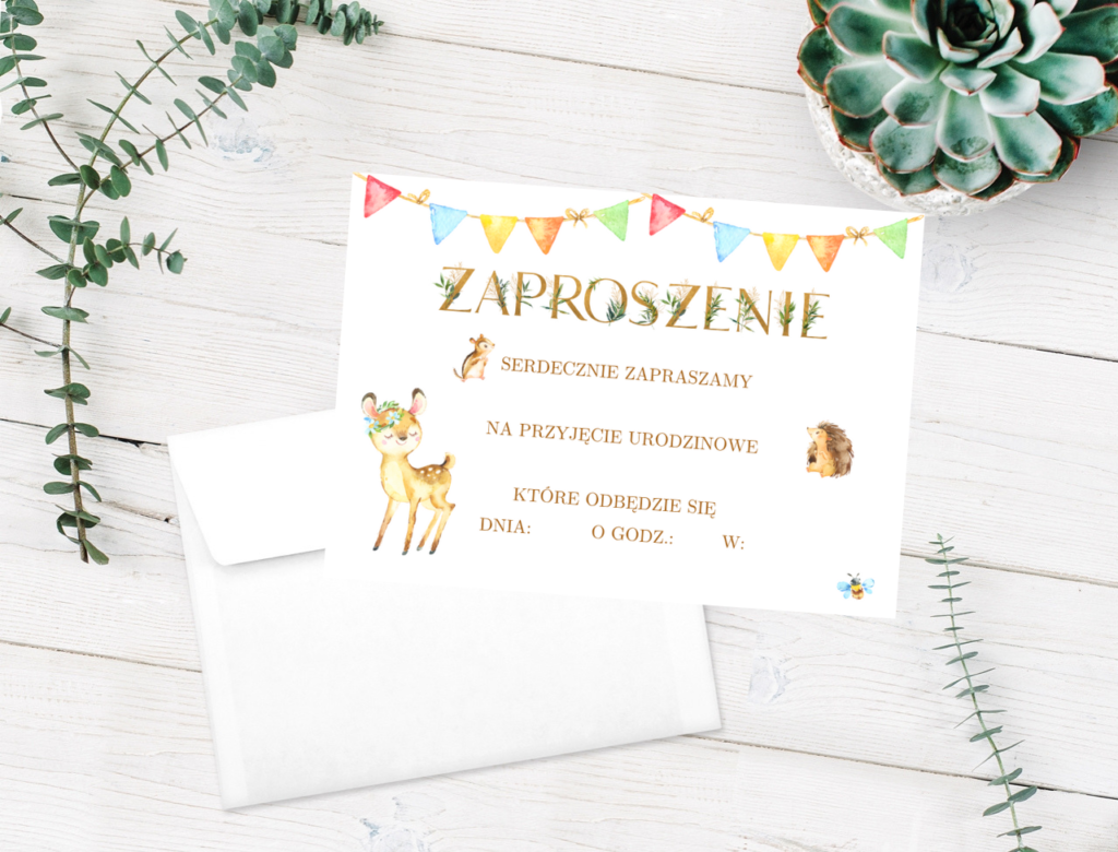 Zaproszenie na Roczek: leśne zwierzaki i złote litery