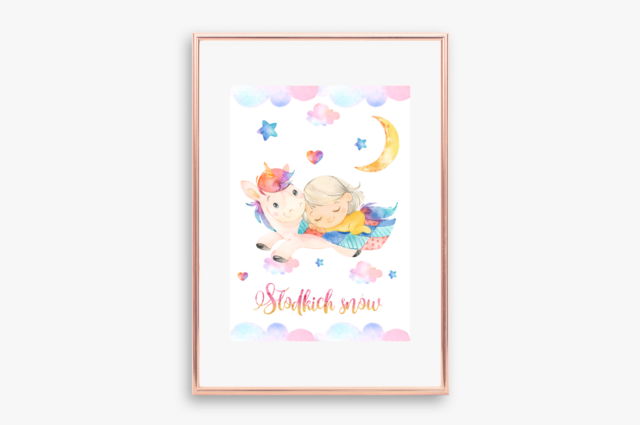 plakat jednorożec i dziewczynka do druku słodkich snów