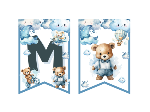 Miś dekoracje urodzinowe dla chłopca do druku. Misio dekoracje na roczek do wydruku. Miś niebieski, girlanda urodzinowa, pikery do babeczek, zaproszenie na roczek z misiem