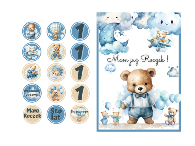 Miś dekoracje urodzinowe dla chłopca do druku. Misio dekoracje na roczek do wydruku. Miś niebieski, girlanda urodzinowa, pikery do babeczek, zaproszenie na roczek z misiem