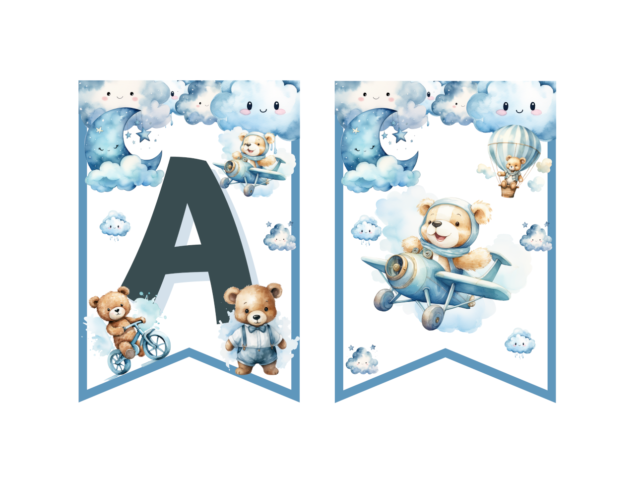 Miś dekoracje urodzinowe dla chłopca do druku. Misio dekoracje na roczek do wydruku. Miś niebieski, girlanda urodzinowa, pikery do babeczek, zaproszenie na roczek z misiem