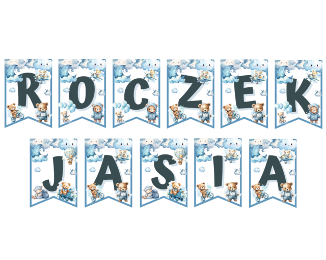 Miś dekoracje urodzinowe do druku. Misio dekoracje na roczek do wydruku. Miś niebieski, girlanda urodzinowa, pikery do babeczek, zaproszenie na roczek z misiem