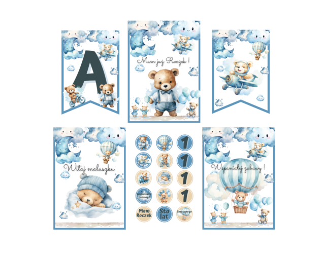 Miś dekoracje urodzinowe do druku dla chłopca. Misio dekoracje na roczek do wydruku. Miś niebieski, girlanda urodzinowa, pikery do babeczek, zaproszenie na roczek z misiem