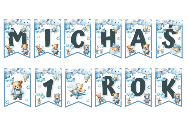 Miś dekoracje urodzinowe do druku. Misio dekoracje na roczek do wydruku. Miś niebieski, girlanda urodzinowa, pikery do babeczek, zaproszenie na roczek z misiem