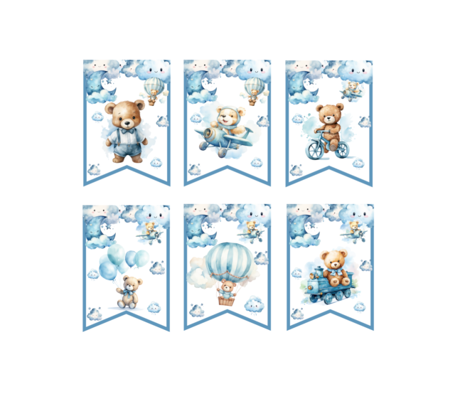 Miś dekoracje urodzinowe dla chłopca do druku. Misio dekoracje na roczek do wydruku. Miś niebieski, girlanda urodzinowa, pikery do babeczek, zaproszenie na roczek z misiem