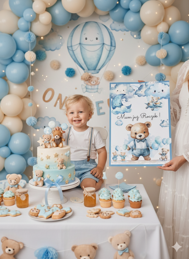 miś dekoracje urodzinowe dla chłopca do druku