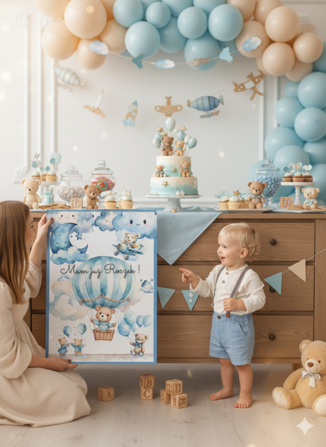 miś dekoracje urodzinowe dla chłopca do druku