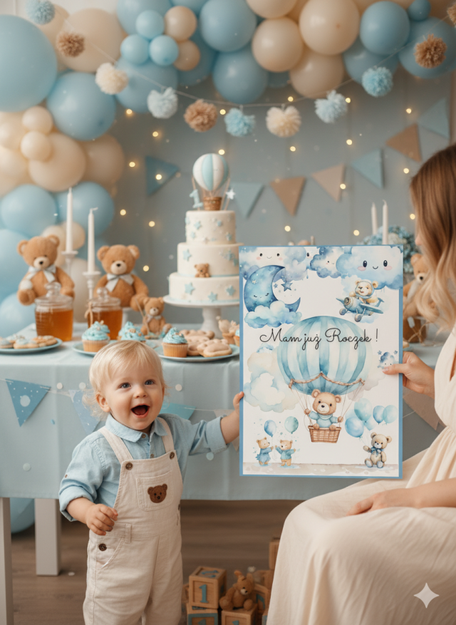 miś dekoracje urodzinowe dla chłopca do druku