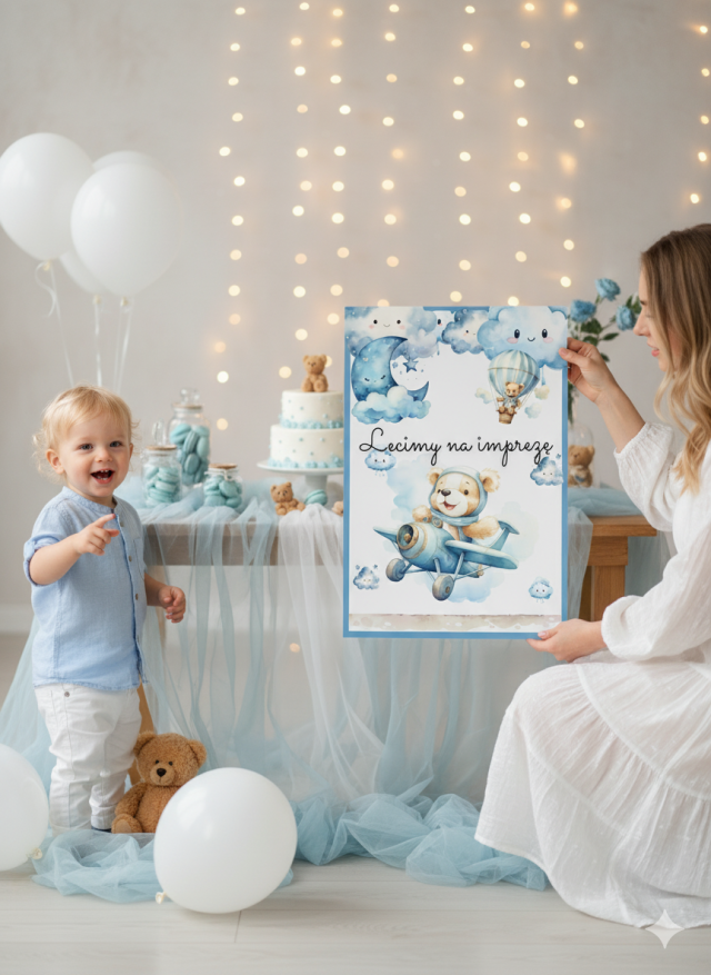 miś dekoracje urodzinowe dla chłopca do druku