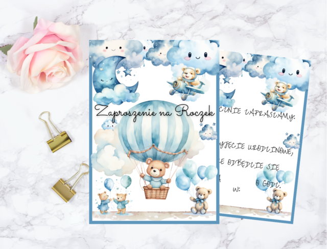 zaproszenie na roczek z misiem do druku, Miś dekoracje urodzinowe dla chłopca do druku. Misio dekoracje na roczek do wydruku. Miś niebieski, girlanda urodzinowa, pikery do babeczek