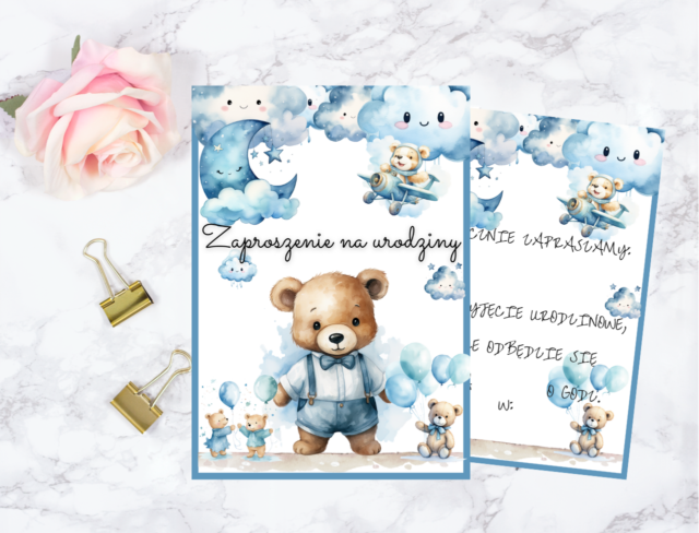 zaproszenie urodzinowe z misiem do druku, Miś dekoracje urodzinowe dla chłopca do druku. Misio dekoracje na roczek do wydruku. Miś niebieski, girlanda urodzinowa, pikery do babeczek