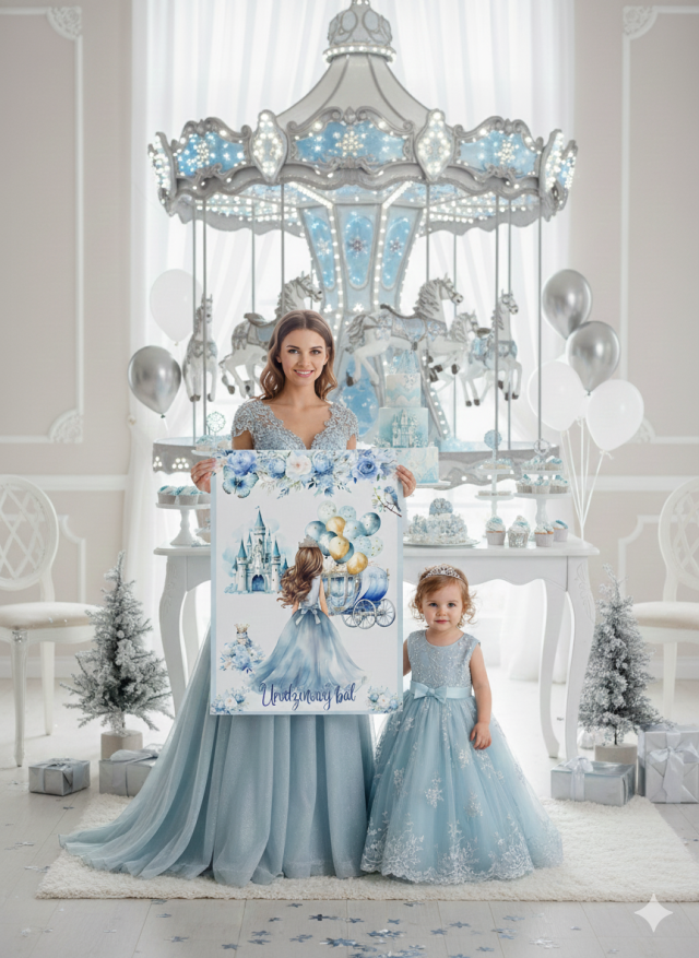 zimowe dekoracje urodzinowe dla dziewczynki do druku, motyw bal księżniczki