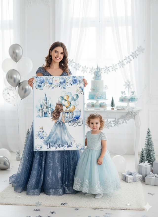 zimowe dekoracje urodzinowe dla dziewczynki do druku, motyw bal księżniczki